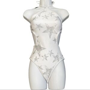 Aerie White Silver Stars Cut Out One Piece Swimsuit